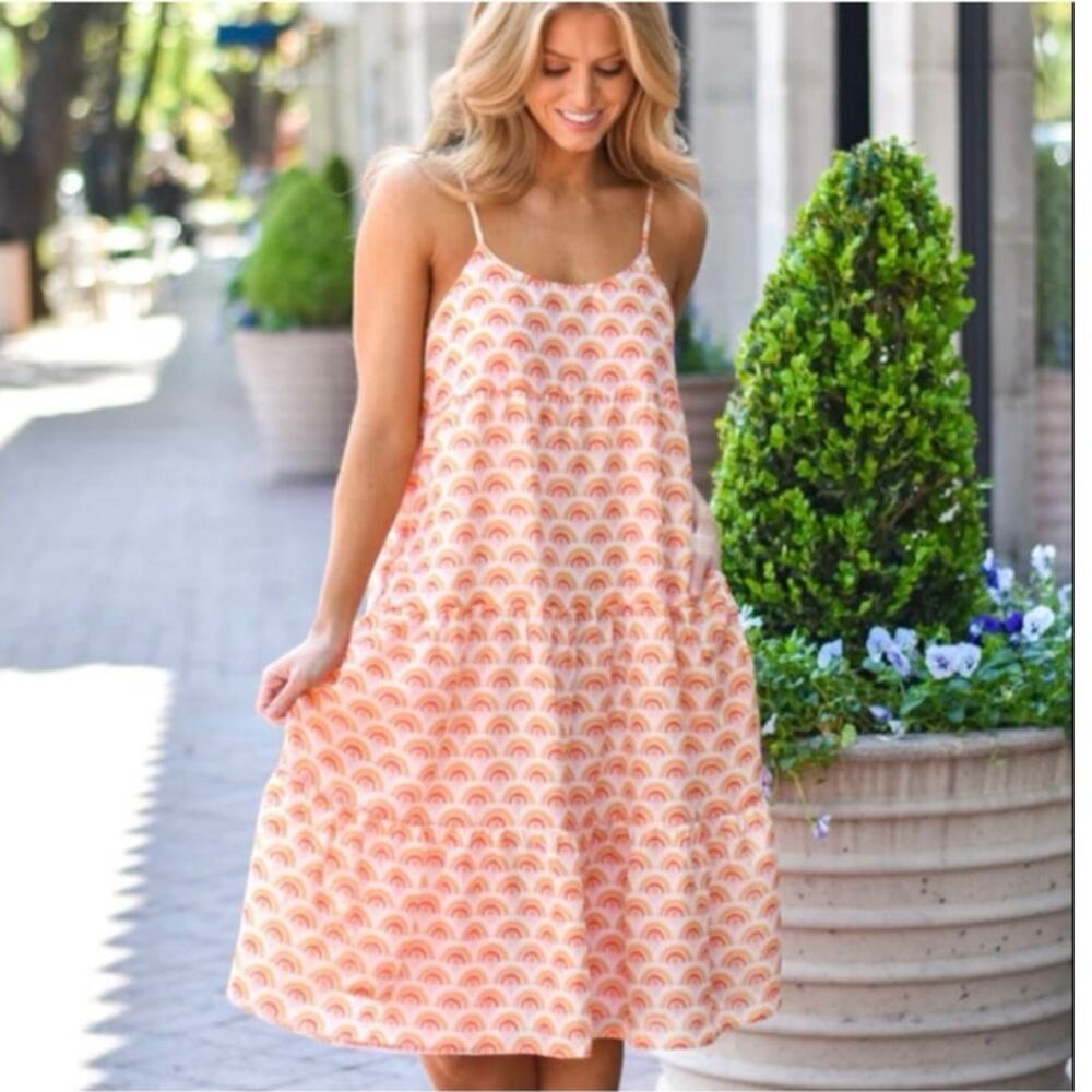 J. Marie Dress Medium Printed Sleeveless Tiered Pink/Orange Boho Resort Beach